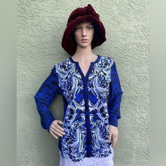 EUC DANA BUCHMAN Blue/Black Boho V-Neck Button Up Long Sleeve Blouse Size 6 - Picture 2 of 13
